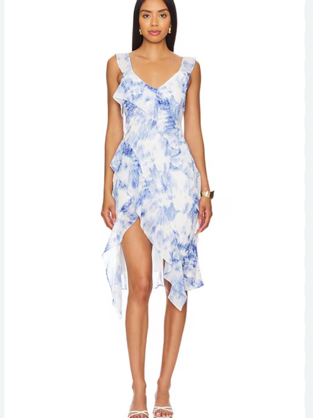 Amanda Uprichard White and Blue High-Low Ruffle Dress